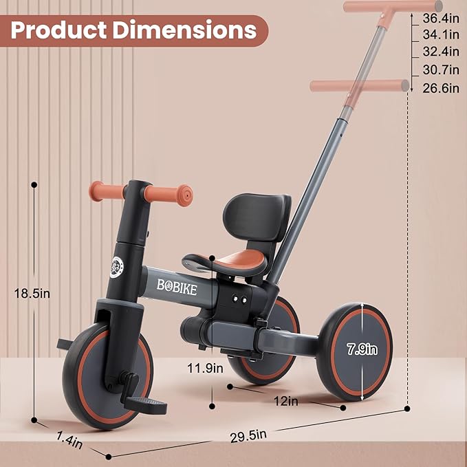 Bobike 5-in-1 Tricycle for Toddlers 18 Months to 5 Years Old, Toddler Bike, Kids Tricycle with Push Handle and Backrest, Toddler Balance Bike with Easy Assembly for Boys and Girls. (Grey)