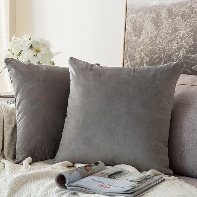 MIULEE Velvet Throw Pillow Covers 16x16 Inch Pack of 2 Grey | Soft Solid Small Decorative Pillow Covers, Modern Luxury Home Decor, for Couch Chair Sofa Bedroom Livingroom Car