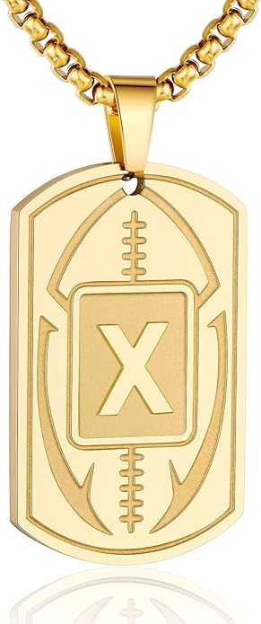 Initial A-Z Dog Tag Necklace for Men - Football Charm Pendant, Stainless Steel Chain 22+2 Inches, Personalized Sports Athletes Jewelry Gift
