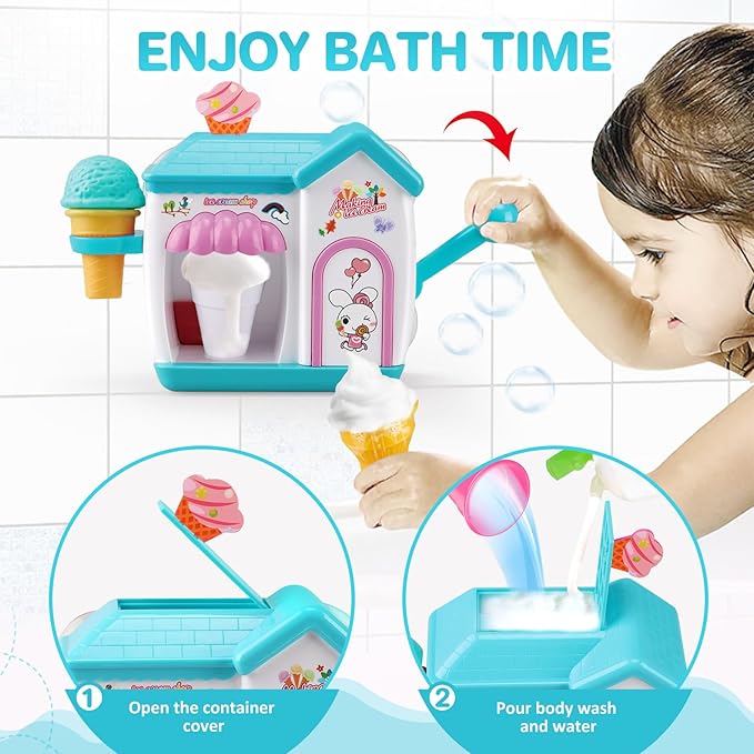 Toddler Bath Toys for 3 4 5 6 7 8 Years Old Girls, Bubble Ice Cream Maker Bath Toy, Shower Toys, Toddler Bath Toys Age 2-4, Bathtub Bubble Machine, Toy for 3 4 5 6 7 8 Years Old Boys Girls