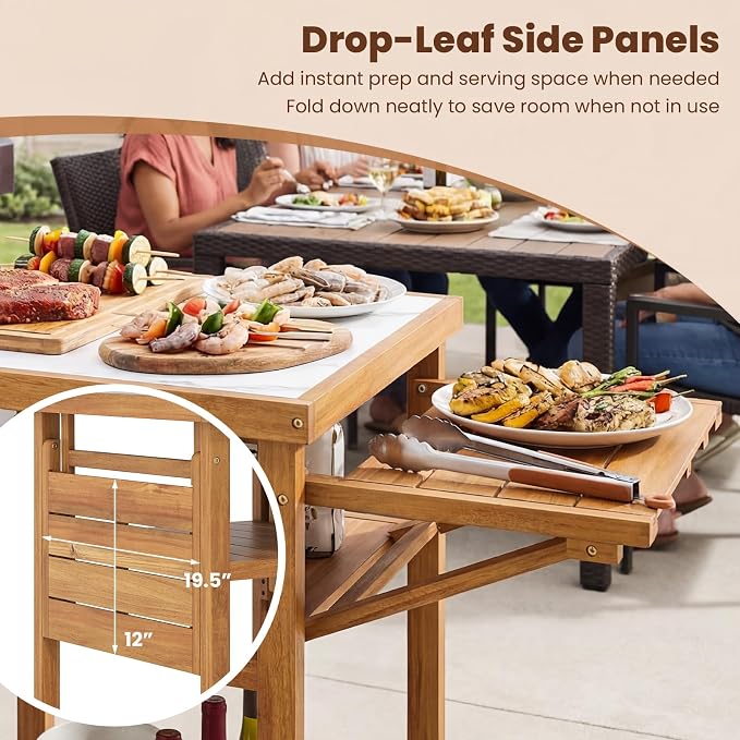 HAPPYGRILL Outdoor Wood Grill Table w/Faux Marble Top, 2-Tier Open Shelves | Outside Kitchen Island & BBQ Prep Table w/Drop-Leaf Side Panels, Acacia Wood Pizza Oven Grill Cart for Patio Backyard Party