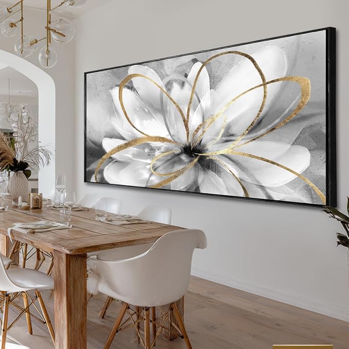 Grey Home Wall Decor Modern Canvas Prints White Flower Framed Wall Art 32"x70" Large Artwork for Living Room Pictures for Office