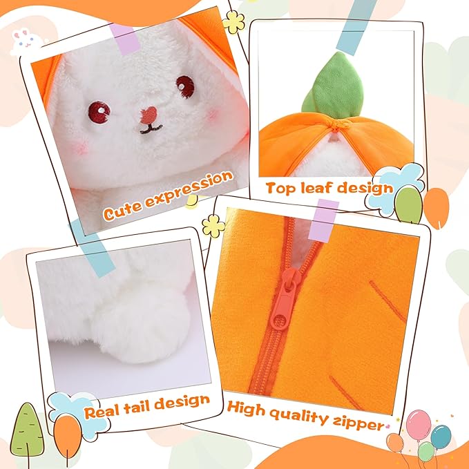 MIAODAM Cuddly Bunny Stuffed Animal, Kawaii Squishy Cute Easter Bunny Plush Turn Into Rabbit Fruit Doll Carrot Strawberry Pillow, Plushies Funny Bunny Toy for Baby (Carrot Rabbit, 10inch)
