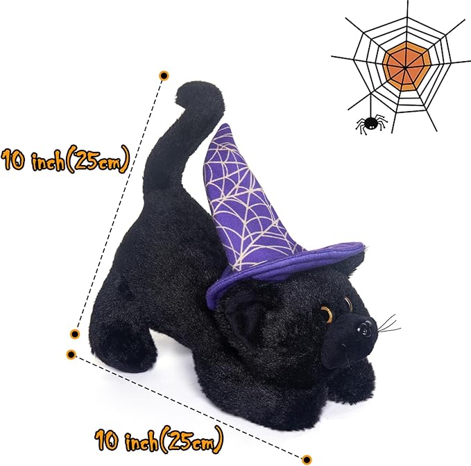 My OLi Halloween Black Cat Plush Toy with Creepy Voice - Cute Lying Cat with Witch Hat - Spooky Halloween Stuffed Animal for Kids, Toddlers for Trick-or-Treaters