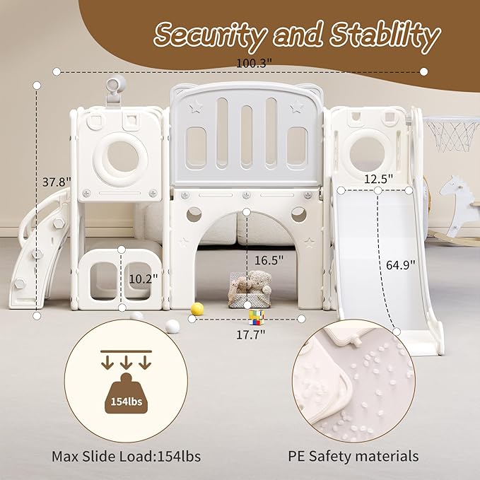 8 in 1 Toddler Slide,Kids Climber Slide with Storage Space and Non-Slip Steps,Indoor Outdoor Playset with Basketball Hoopa and Telescope,Slide for Toddlers Age 1-8 (White+Grey)