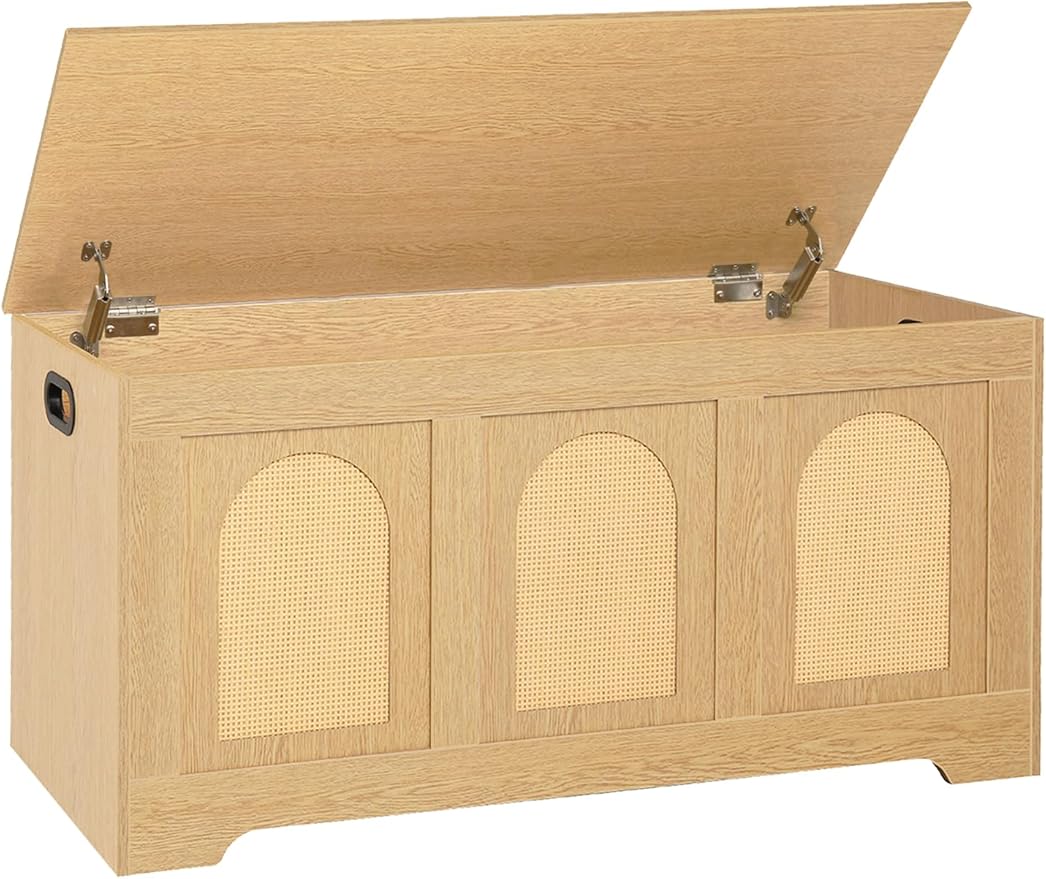 Storage Chest, Wooden Toy Box, Natural Oak 39.4" L | Entryway Shoe Bench, 2 Safety Hinges, Finger-safe Flip-Top, Easy Assembly, Farmhouse Large Trunk, Rattan, Living Room/Bedroom