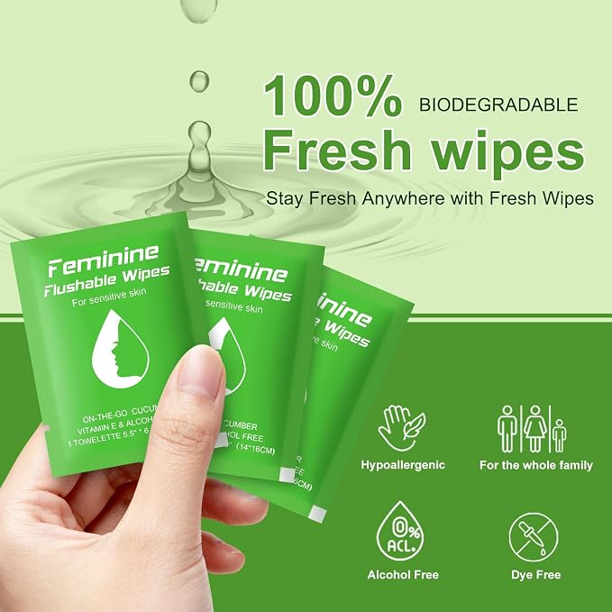twoworld 50 Feminine Wipes Flushable Travel Individually Wrapped | Travel Wipes for Women,Feminine Care Wet Wipes Travel Size Vaginal Wipes for Adult,Girl and Homeless(Cucumber)