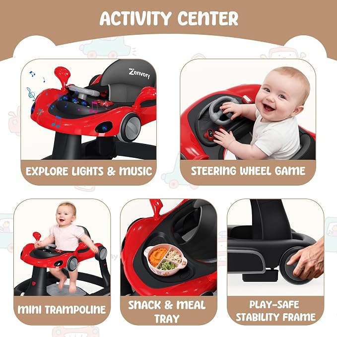 6 in 1 Foldable Baby Walker, Activity Baby Walker-Baby Bouncer, Rocker, Activity Center,Push Walker,Detachable Trampoline Mat, Adjustable Speed Rear Wheels and Height,Music & Lights,Ages 6-18 Months