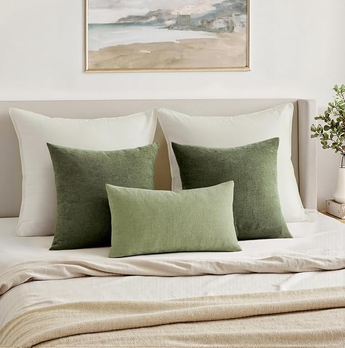 MIULEE Olive Green Chenille Couch Throw Pillow Covers, 18x18 | Set of 2, Soft Modern Farmhouse Style, Decorative Pillowcases for Sofa Living Room Bed, Home Decor