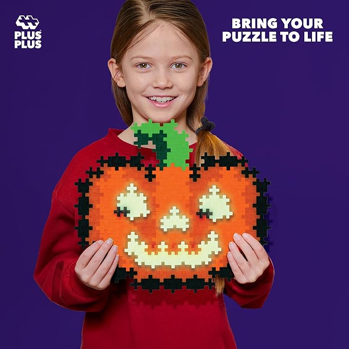 PLUS PLUS Puzzle by Number, 250 Piece Mini Interlocking Hashtag Color Blocks, 3D Pixel Art Kit for Kids - Jack-o'-Lantern