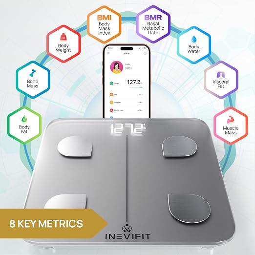INEVIFIT Smart Body Fat Scale, Highly Accurate Bluetooth Digital Bathroom Body Composition Analyzer, Measures Weight, Body Fat, Water, Muscle, Visceral Fat & Bone Mass for Unlimited Users