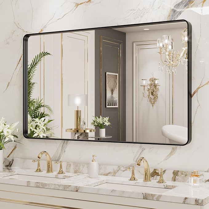LOAAO 40x24 Inch Black Bathroom Mirror Metal Framed | Matte Black, Rounded Rectangle, Anti-Rust, Hangs Horizontally or Vertically