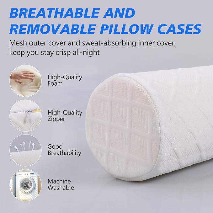 Cozyhealth 3.1" H Small Cervical Roll Pillow, Medium Soft Memory Foam Neck Round Pillow Cylinder Bolster Pillow for Sleeping, Round Neck Support for Bed, Legs, Back and Yoga (White, Small - 3.1" H)