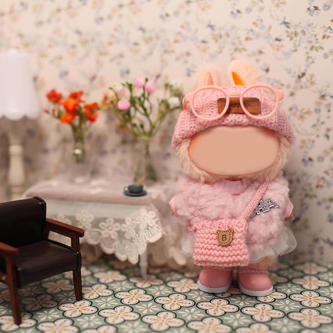 6 Piece 17cm Doll Clothes, Fun Dress-Up Outfit Set with Accessories for 17cm Dolls, Pink Style Outfit Set with Undershirt + Plush Vest + Knitted Hat + Small Bag + Shoes + Glasses, No Doll Included