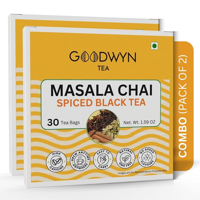 Goodwyn Masala Black Tea Chai, 60 Tea Bags | Authentic Indian Spiced Chai | Assam Tea | Natural Herbs & Spices | Plastic Free Bags