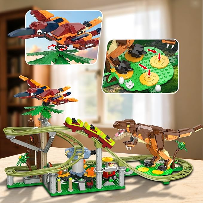 HOGOKIDS Dinosaur Roller Coaster Building Set - 1222PCS Rollercoaster Building Toy with 4 Dinosaur, Off-Road Vehicle, Food Cart, Dinosaur Models Playset Gift for Adults Kids Girls Boys Ages 8-12 Year