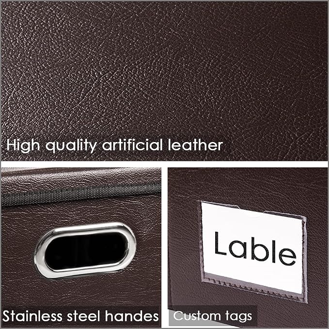 Collapsible Storage Bins with Lids [3-Pack] Leather Fabric Foldable Storage Boxes Organizer Containers Baskets Cube with Cover for Bedroom Closet Office Nursery Brown (14.9x10.8x10)