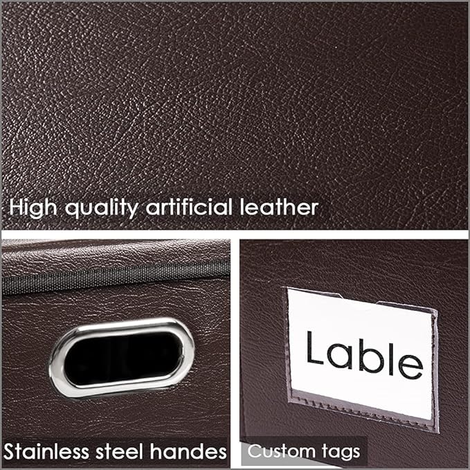 Large Foldable Storage Bins with Lids [3-Pack] Leather Fabric Collapsible Storage Boxes Organizer Containers Baskets Cube with Cover for Home Bedroom Closet Office Brown(17.7x11.8x11.8)