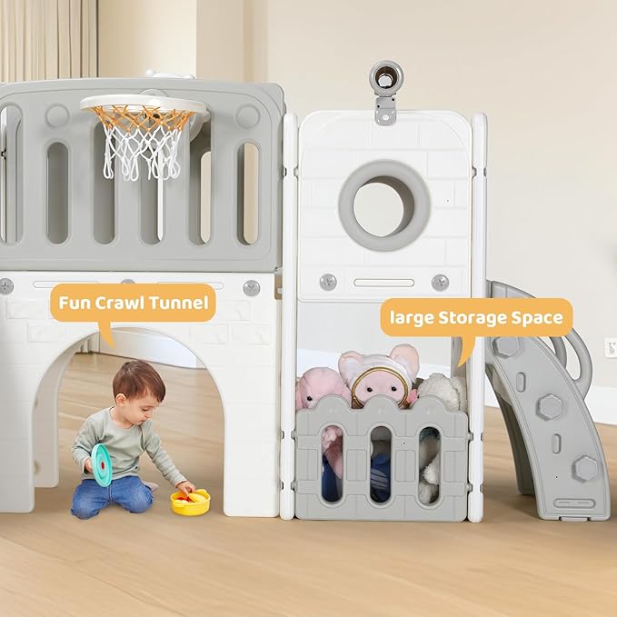 Arlopu 9 in 1 Toddler Slide Set, Kids Large Climber Slide Playset w/Long Slope, Telescope, Storage Space, Enclosed Steps, Indoor Outdoor Playground (White & Gray)
