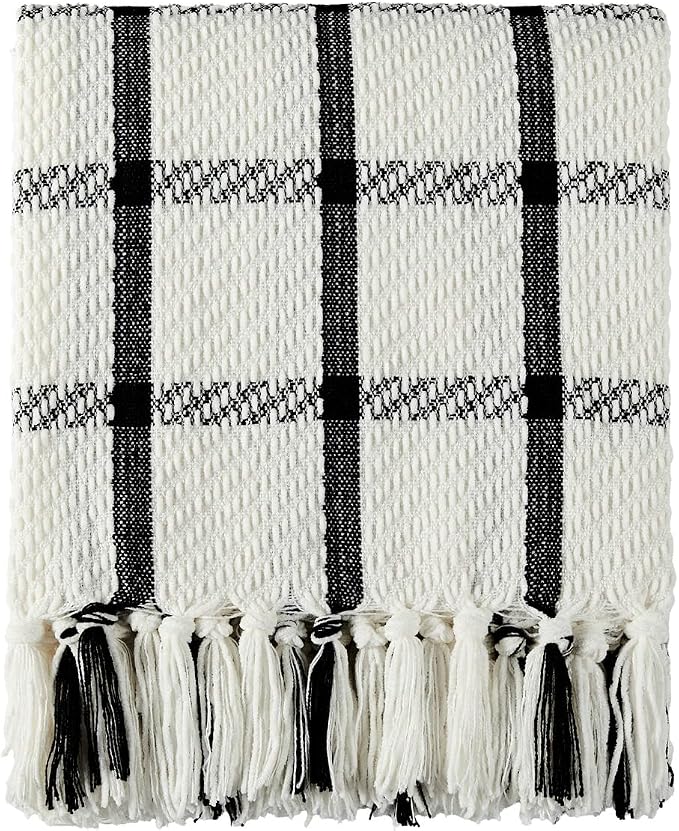 CREVENT 50"X60" Farmhouse Breathable Soft and Warm Chenille Plaid Throw Blanket for Sofa Couch Bed, Home Decoration Throw with Tassles (Black & White)