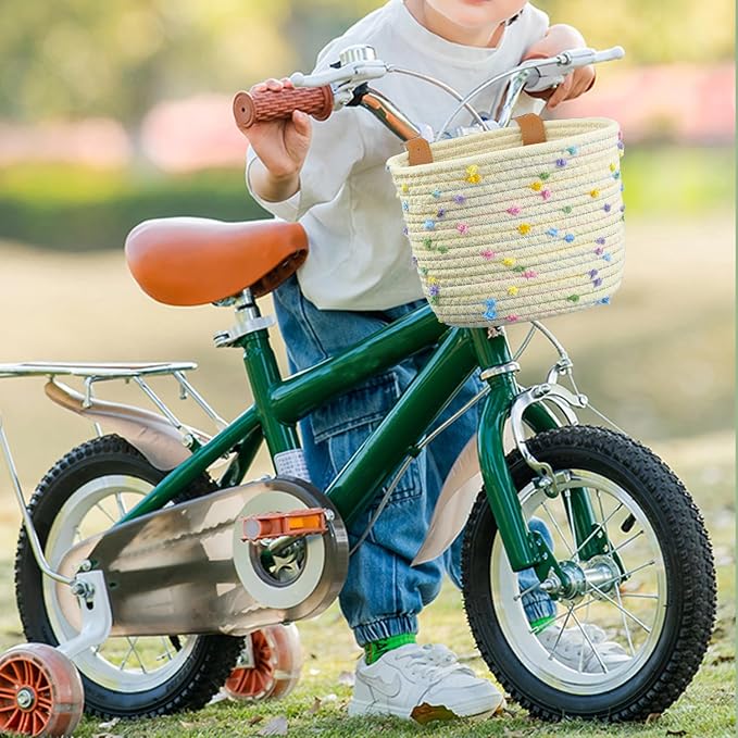 Kids Bike Basket for Boys and Girls, Children's Bicycle Basket Woven With Sisal Rope, Cute Decorative Accessories for Balance Bikes and Scooters
