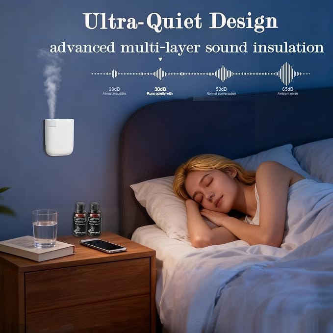 Waterless Diffuser for Essential Oil, Plug in Wall Scent Diffuser for Home, Quiet Cold Air Aromatherapy Diffuser with 500 Sq Ft Coverage, Includes 2×30ml Hotel-Inspired Oils (Pure White)