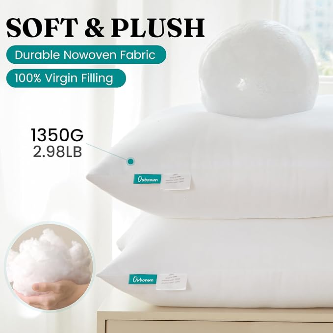 Oubonun 28 x 28 Throw Pillow Inserts | Soft, Plush & Decorative Down Alternative Pillows for Couch Sofa Bed, Machine Washable - White, Pack of 2