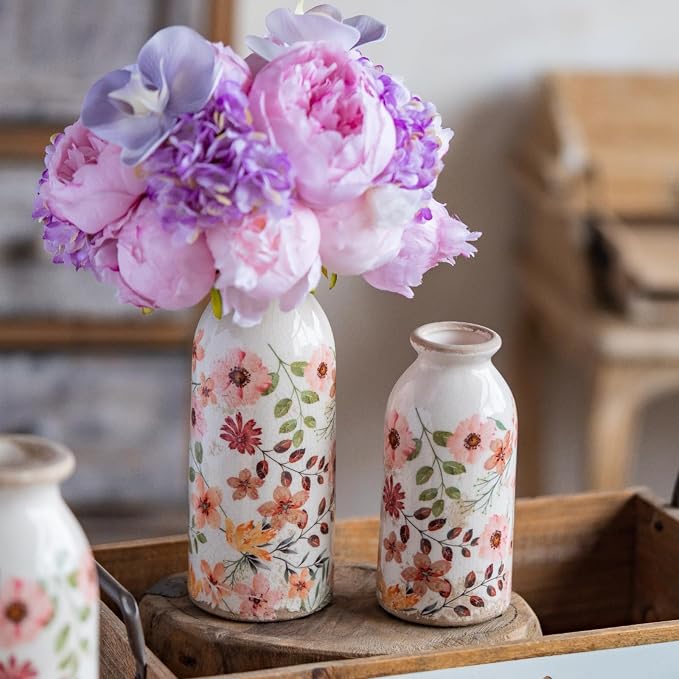 Vintage Vase Set of 3, Ceramic Vintage Flower Vases, Chinoiserie Decorative Home Decor Retro Floral Vase Rustic Farmhouse Decor for Table Bookshelf Mantel Kitchen Living Room Office - Colorful Daisy