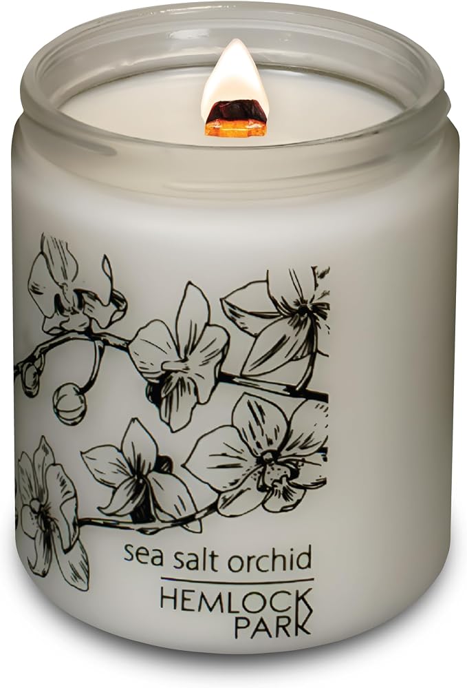 Hemlock Park Sea Salt Orchid Frosted Scented Candle | Crackling Wood Wick, Botanical Fragrance & Coconut Apricot Wax | Up to 60 Hour Burn Time | 8 oz | Made in USA