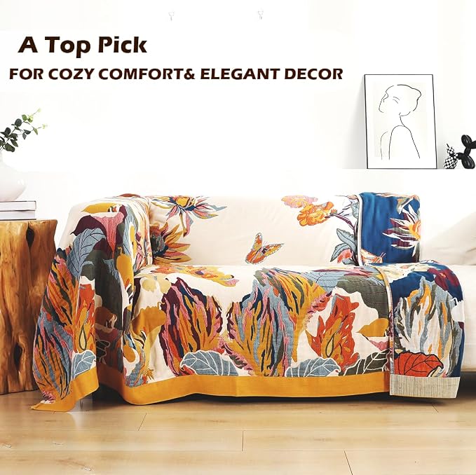 VANJOROY Boho Large Throw Blanket, 100% Organic Cotton Breathable Soft Bed King Throw - Fall Floral Bird Butterfly Farmhouse Decor Blanket for Sofa Couch Chair and Gift. 91" x 98"