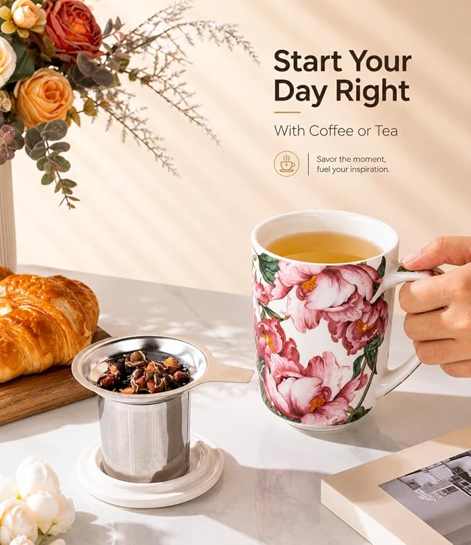AmorArc Porcelain Tea Mug with Infuser and Lids, 18 Oz Coffee Cup Strainer with Bag Holder for Loose Leaf Tea, Steeping Coffee Mug for House-warming Wedding Birthday Gift