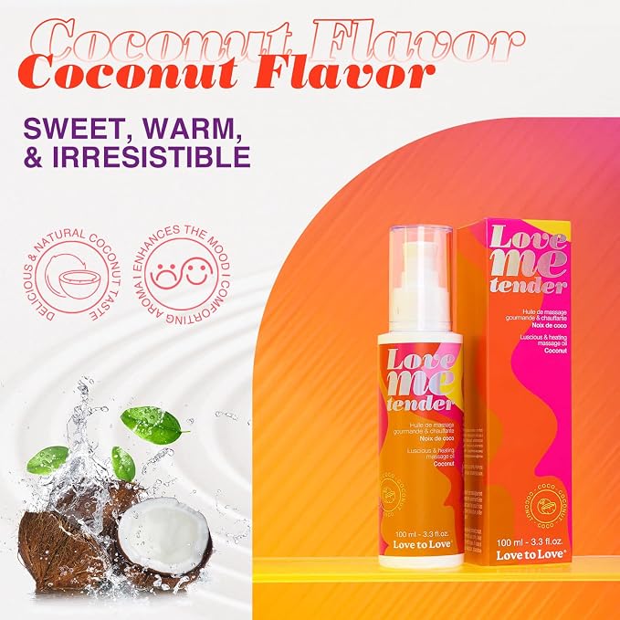 Love Me Tender Luscious Hydrating Coconut Warming Massage Oil – Kissable Flavored Massage Oil for Couples Intimacy, Romantic Date Night, Couples Play, Sensual Body Oil, Intimacy Items 3.3 fl oz