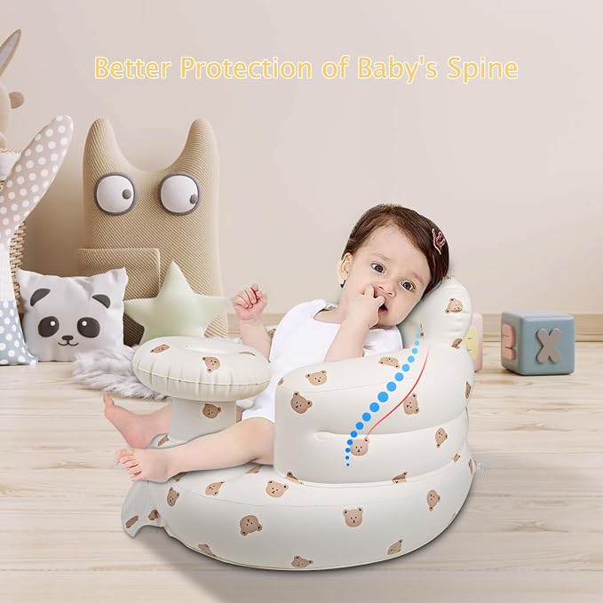EKEPE Inflatable Baby Seat for Babies 3 Months & Up, Baby Floor Seats for Sitting Up, Baby Seats for Infants, Blow Up Baby Chair with Built in Air Pump - Beige - Bear with Tray