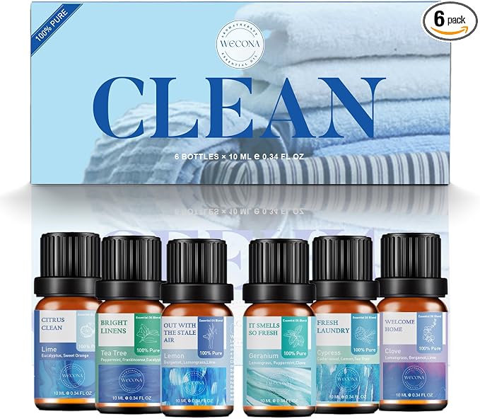 Wecona Essential Oils for Laundry - 100% Pure Essential Oils for Diffusers for Home,6x10ml(Clean)- Aromatherapy Oils for Soap,Candle Making,Humidifiers,Dryer Balls