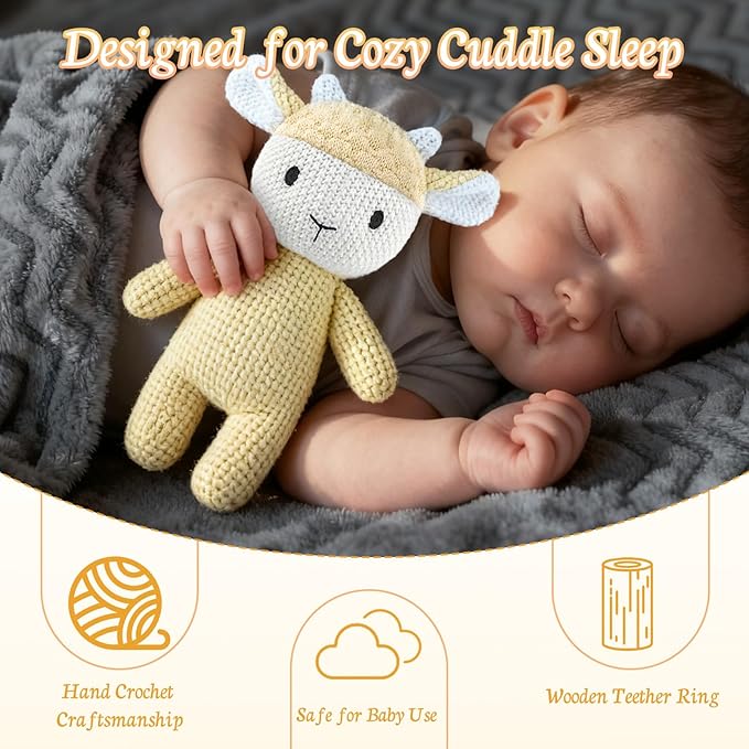 10" Crochet Sheep Stuffed Animal with Rattle, Pure Cotton Soft Crochet Doll Plush Toy for Newborn, Handmade First Birthday Gift