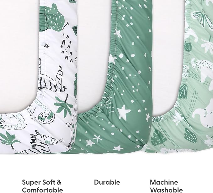 The Peanutshell 3-Pack Fitted Playard Sheets - Soft & Breathable Baby Boy or Girl Mini Crib Sheets, Pack N Play Mattress, Fits Standard Playard Pack Play Mattresses - Green Safari
