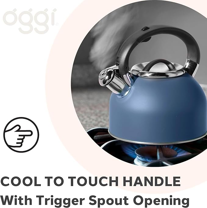 OGGI Tea Kettle for Stove Top - 64oz / 1.9lt, Stainless Steel with Loud Whistle, Ideal Hot Water Kettle and Water Boiler - Blue