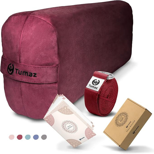 Tumaz Yoga Bolster Set - Rectangular Bolster Pillow for Restorative Yoga, Soft Meditation Pillow with Carry Handle and 8-Feet Strap, Machine Washable Cover