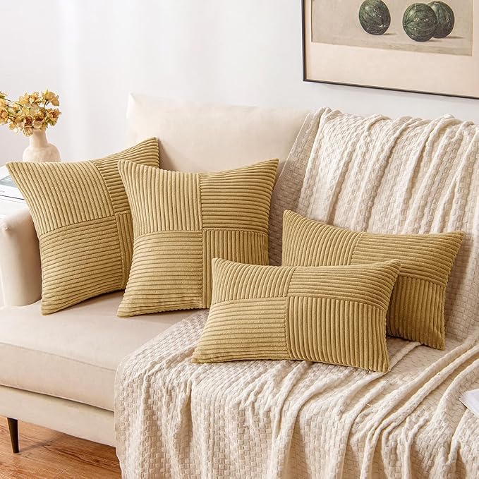 MIULEE Cream Yellow Decorative Throw Pillow Covers for Couch 18x18 Inch | 2 Pack, Boho Farmhouse Pillow Covers, Soft Cross Corduroy Patchwork Textured Cushion Cases For Bed Sofa