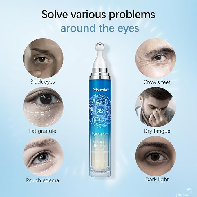 5% Caffeine Eye Serum with 360° Massage Roller Serum for Dark Circles & Relieve Puffiness, Reduce Wrinkles and Fine Lines, Bags, Tighten Lifting Under Eye Cream-0.5 OZ