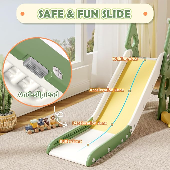 KORIMEFA 6-in-1 Kids Slide and Swing Set, Toddler Slide with Basketball Hoop, Swing, Outdoor Indoor Playground for Toddlers 1-3 Pine Shape Design(6 in1-Green)