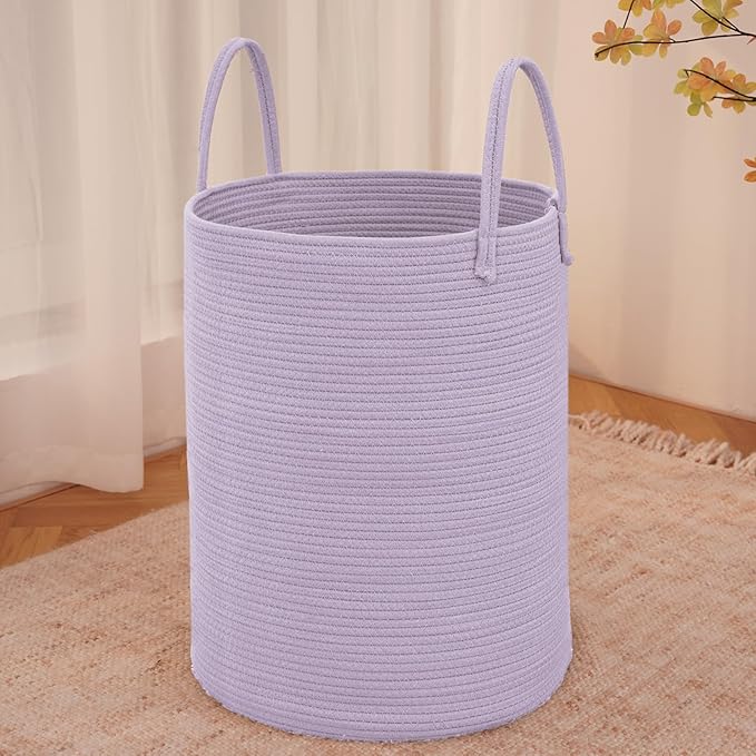 JMvicyroam 100L Cotton Rope Laundry Basket Hamper, Purple | Collapsible laundry basket, reinforced handles, freestanding, machine washable, holds 3-5 thick blankets, clothes or toys