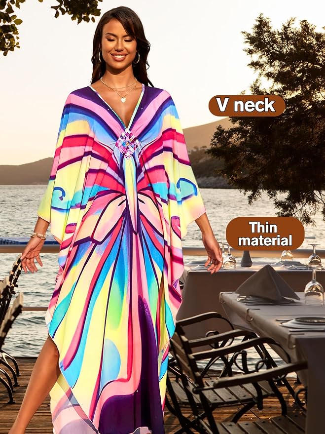 ChiaoLezhee Print Moo-Moos for Women, Kaftan Cover-Up Dresses, Sexy V-Neck High-Slit, Beach Pool-Party Coverups Muumuu Plus