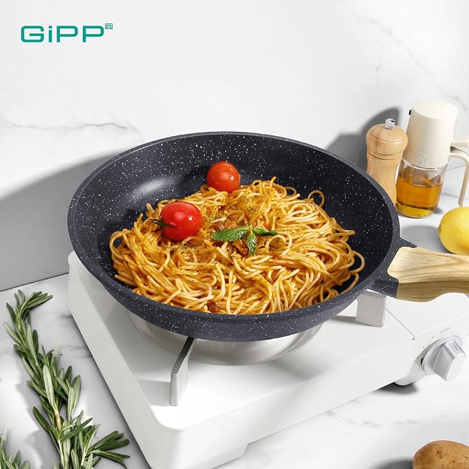 GiPP Nonstick Frying Pan Skillet - 9.5" Grey Granite Non Stick Pans, Omelette Pan with Heat-Resistant Handle, Compatible with All Stovetops, PFOA Free