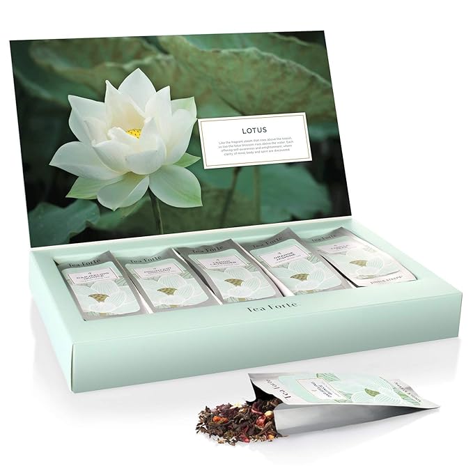 Tea Forte Single Steeps Loose Leaf Tea Sampler, Assorted Variety Tea Box, 15 Single Serve Pouches, Lotus Tea