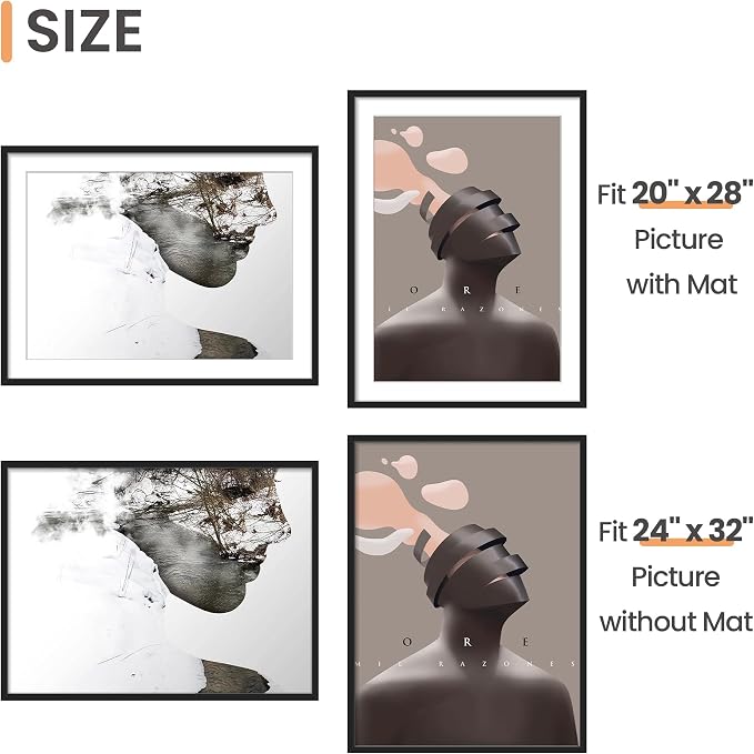 upsimples 24x32 Poster Frame, Display Pictures 20x28 with Mat or 24 x 32 Without, Wall Hanging Picture Frames, Black, 1 Pack