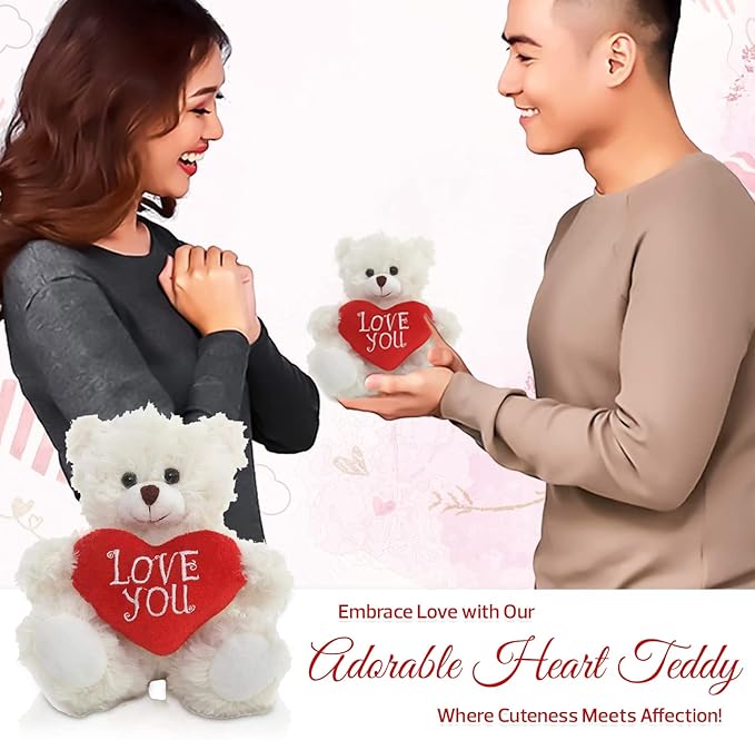 Plush Stuffed Animal Cream Heart Bear – Love You Bears- Toy for Kids & Adults Valentine's Day - Embroidered Heart Pillow (6 Inch, Cream Love You)