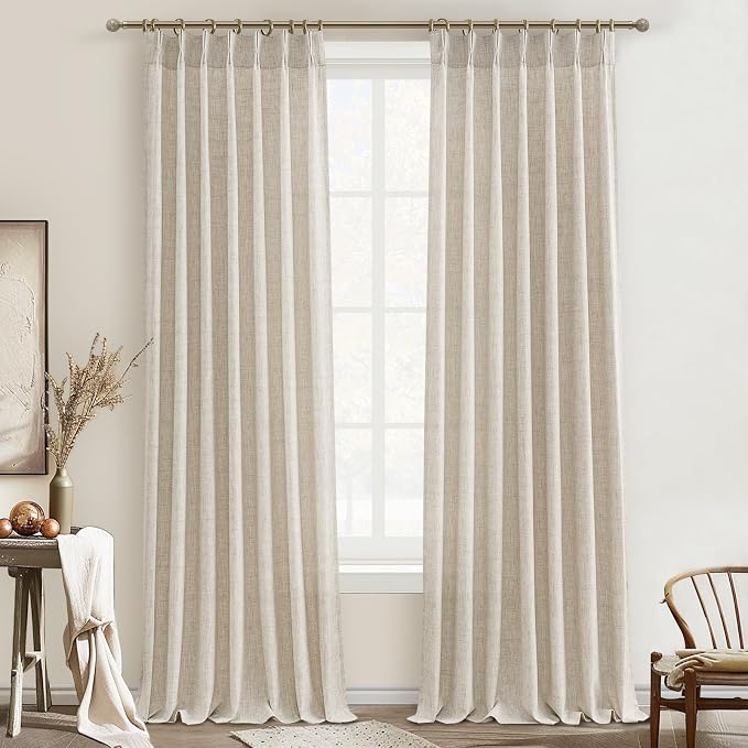 PleatedDrapes Light Filtering Curtains 100 Inches Long for Bedroom 2 Panels Set, Boho Pinch Pleat Natural Linen Blend Sheer Patio Door Curtain with Hooks Back Tab Large Windows Drapes Privacy 8-1/3 FT