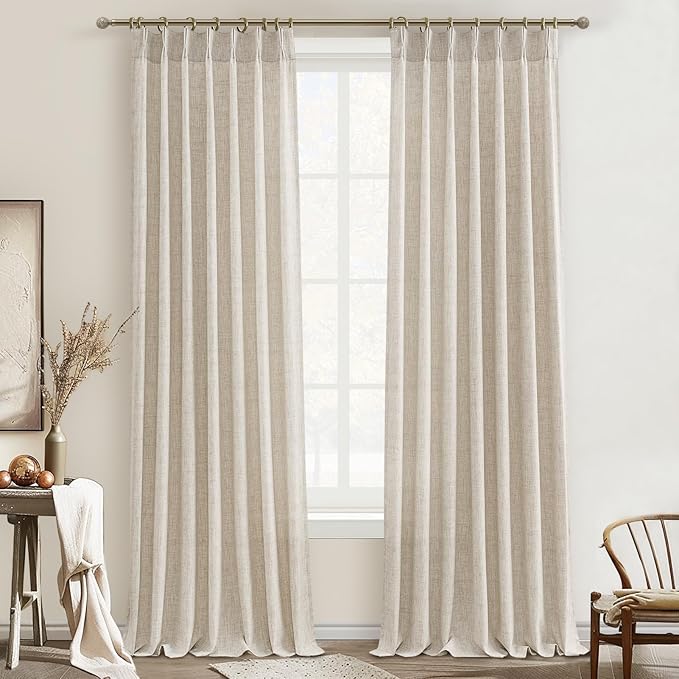 Pleated Natural Linen 95 Inch Curtains 2 Panel Set for Living Room, Rustic Farmhouse Pinch Pleat Semi Sheer Curtain Light Filtering Privacy Ceiling Track Nursery Window Drapes 40"W x 95 Inches Length
