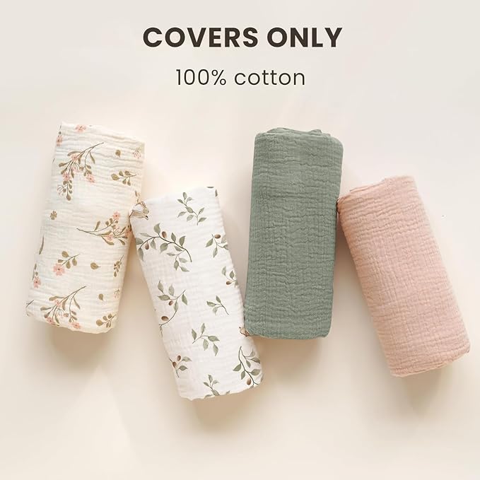 Konssy Muslin Baby Lounger Cover 2 Pack, 100% Cotton Newborn Lounger Cover, Soft and Breathable Baby Nest Slipcover for Boys Girls (Rabbit,Fog Green)